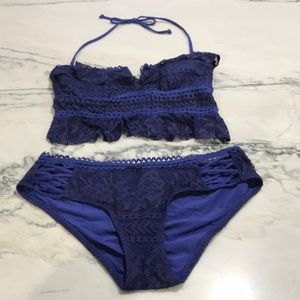 BECCA Crop Top Style Lace/Crochet Navy Bikini